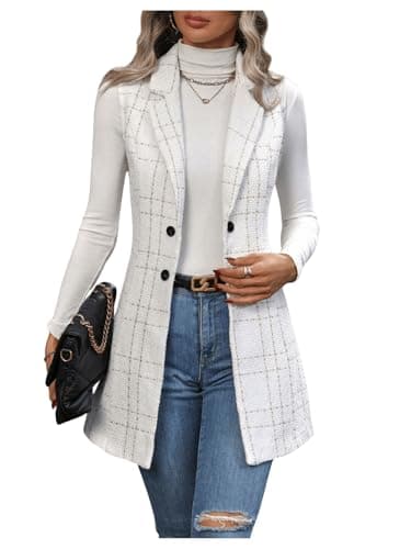 GORGLITTER Women's Plaid Sleeveless Long Vest Cardigan Blazer — White Plaid