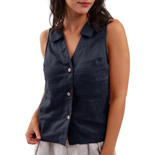 Amazhiyu Women's 100% Linen Slight Crop Button-Down Top — Dark Blue