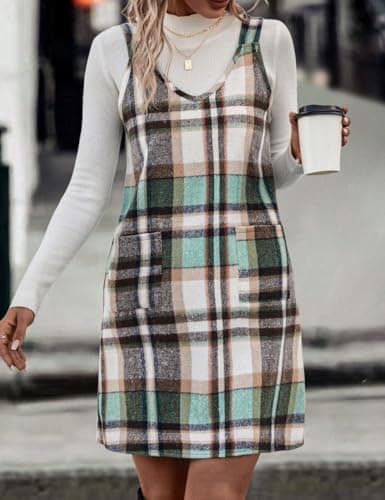 Plaid Overall Dress for Women: Fall/Winter Sleeveless with Pockets