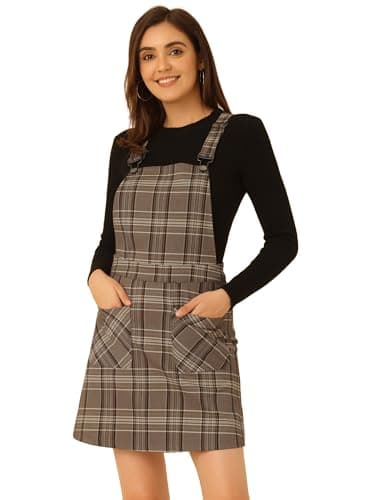 Women's Plaid Overall Dress with Adjustable Straps — Brown
