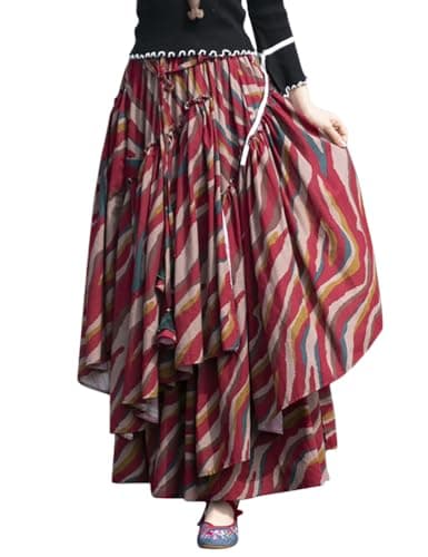 Womens Elastic Waist Retro Maxi Pleated Long Skirt — Print 620