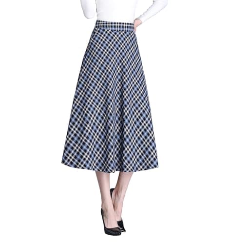 Biilyli Women's High Waist Wool Plaid Midi Skirt