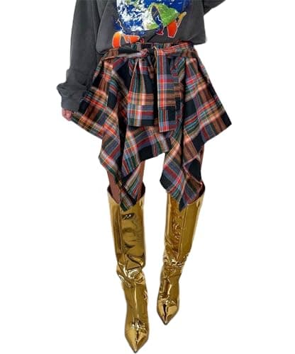 Atyfuniby Women's High Waisted Plaid Mini Skater Skirt with Knot Front — Colorful