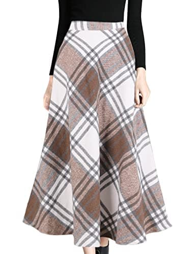 Women's Winter Wool Plaid A-Line Pleated Long Skirt — Coffee