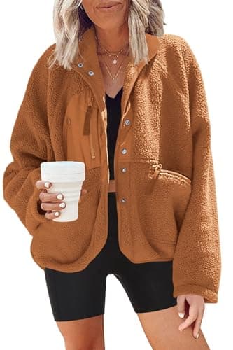 Nirovien Women's Fuzzy Fleece Button Down Sherpa Coat Winter Warm Coat — Brown