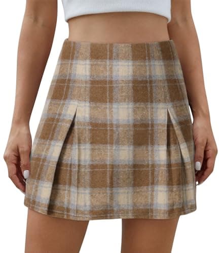 Scacto Women's High-Waisted Zipper Plaid Mini Pleated A-Line Skirt — Khaki