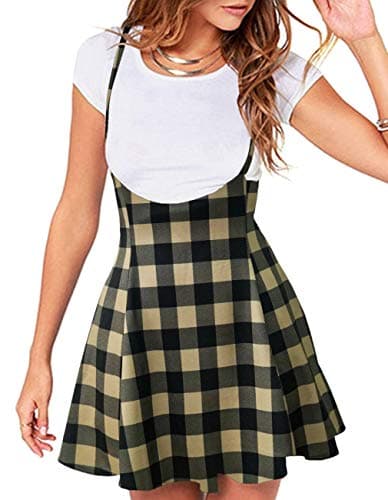 Jedyful Women's Casual High Waist Flare Skater Skirt with Shoulder Straps — 01-y-plaid Grey