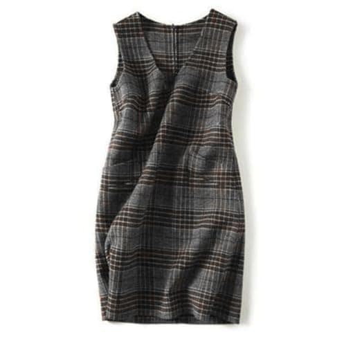 Vintage Women's Plaid Wool Overall Jumper Dress with Pockets