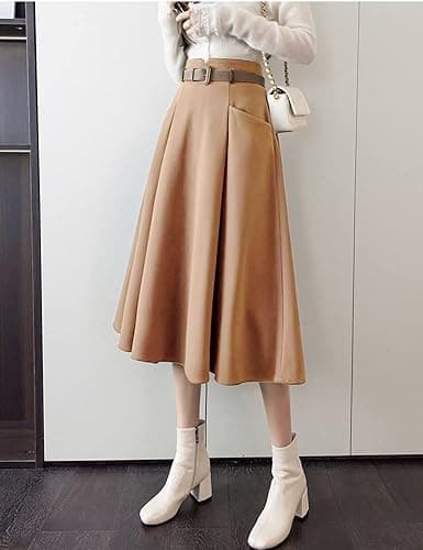 IDEALSANXUN High Waisted Wool Midi Pleated Skirts for Women Winter
