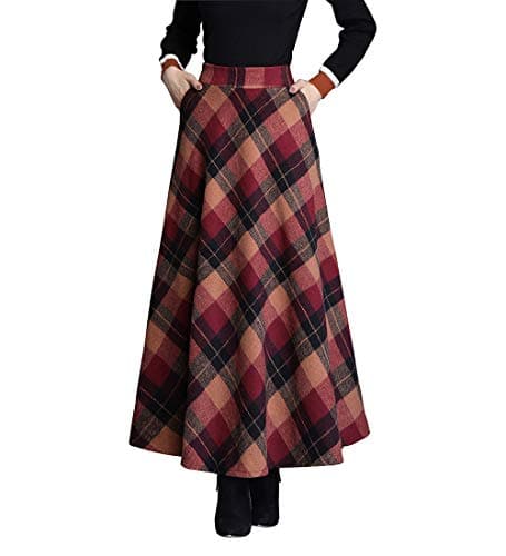 Biilyli Women's Elegant Plaid Wool High-Waisted Maxi Skirt — Red