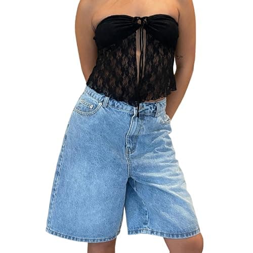 Giraropa Women's Vintage Baggy Denim Bermuda Shorts with Pockets — Light Blue