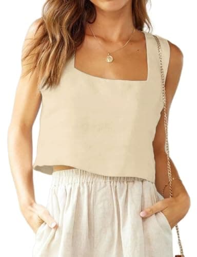 IDEALSANXUN Women's Summer Linen Square Neck Crop Tank Tops — Khaki
