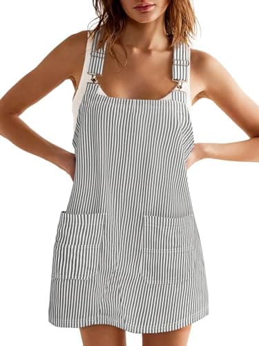 Yousify Women's Casual Striped Denim Overalls Sleeveless Dress with Pockets — Grey