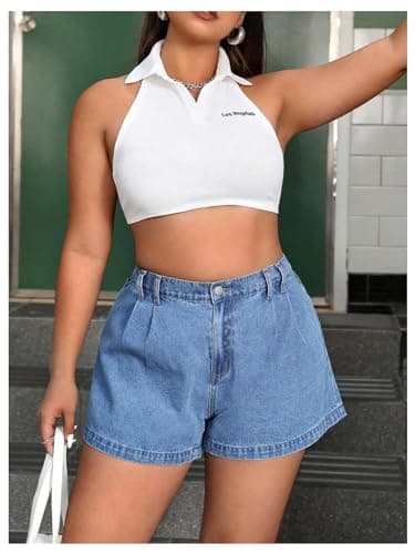 WDIRARA Women's Plus Size High-Waist Pleated Wide Leg Denim Shorts