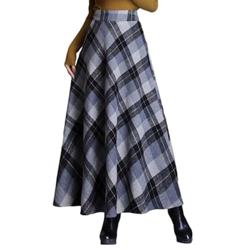 BININBOX Women's Vintage Plaid Maxi Wool Skirt Elastic Waist — Gray
