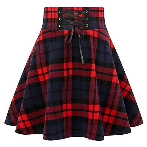 Wool Plaid Mini Gothic Skirts for Women — Red
