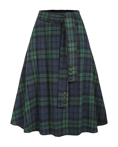 ZAFUL Women's Winter Plaid A-Line Midi Skirt with Pockets — Green Plaid