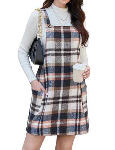 Plaid Overall Dress for Women: Fall/Winter Pinafore Jumper — Brown