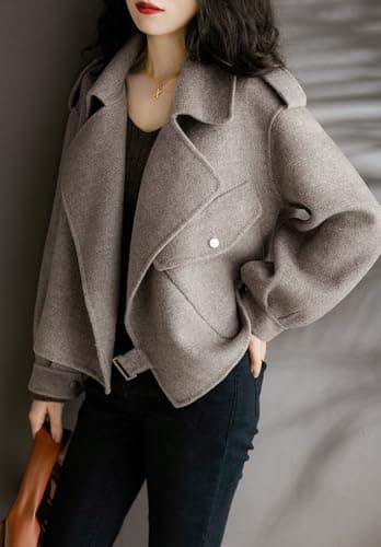 UTCOCO Women Cropped Wool Pea Coat with Notched Lapel and Pockets