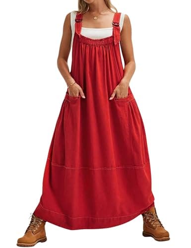 Yeokou Women's Midi Travel Dress with Adjustable Straps and Big Pockets — Red