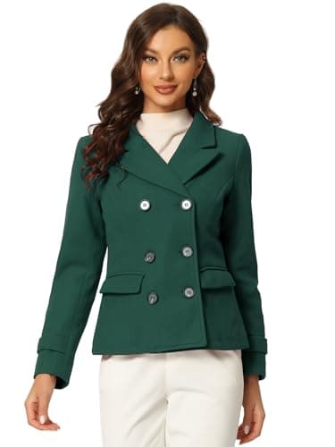 Allegra K Women's Notched Lapel Double Breasted Pea Coat — Dark Green