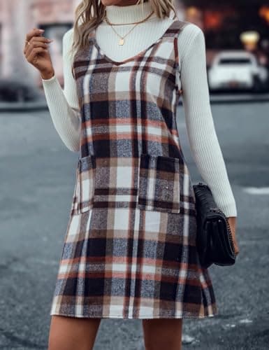Sleeveless Plaid Overall Dress with Pockets for Women in Fall/Winter