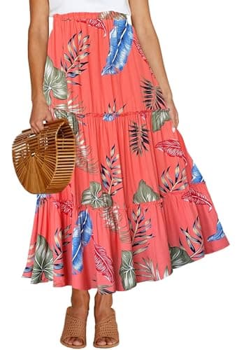 Afibi Women's High Waist A-Line Ruffle Swing Maxi Skirt with Pockets — Orange Green