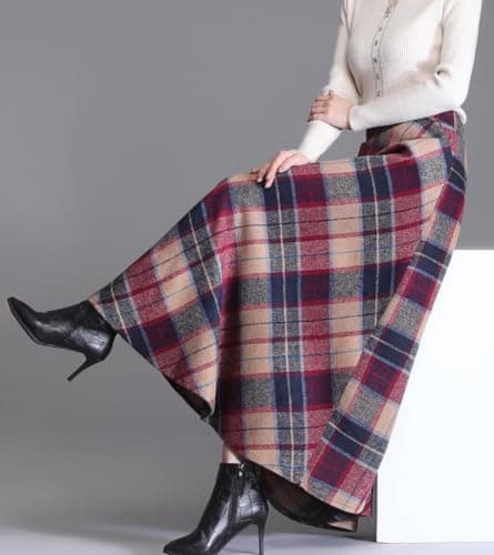 Women's Elastic Waist Plaid Wool Blend A-Line Skirt with Pockets