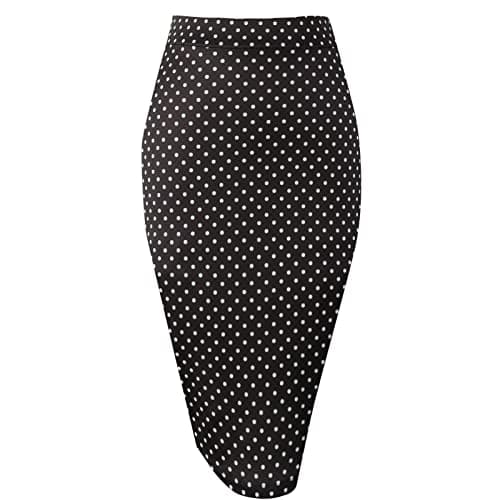 Topdress Women's High Waisted Elastic Pencil Skirt Knee Length Short with Slit — Black White Dot
