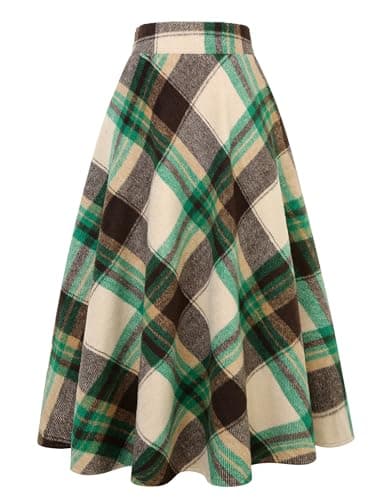 Women's Long Plaid Wool Skirt for Winter: High Waisted A-line Flare — Green Coffee