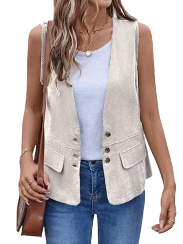IDEALSANXUN Women's Lightweight Cotton Linen Casual Vest Tops — Beige