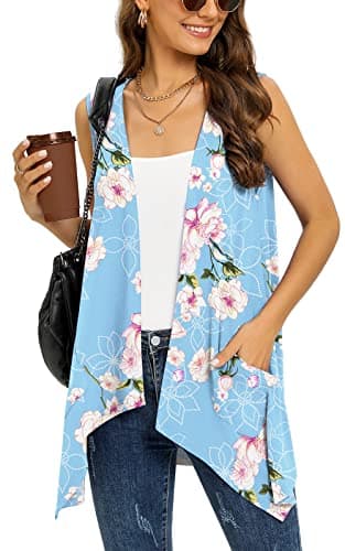 Veryoung Women's Lightweight Floral Long Sleeve Cardigan with Pockets — D01-floral_light_blue-sleeveless