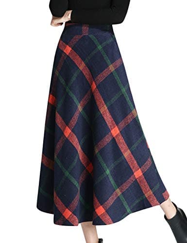Women's Winter Wool Plaid A-Line Pleated Long Skirt — Dark Blue