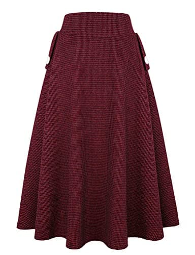 Women's High Waisted Wool Plaid A-line Skirt for Fall/Winter — Wine