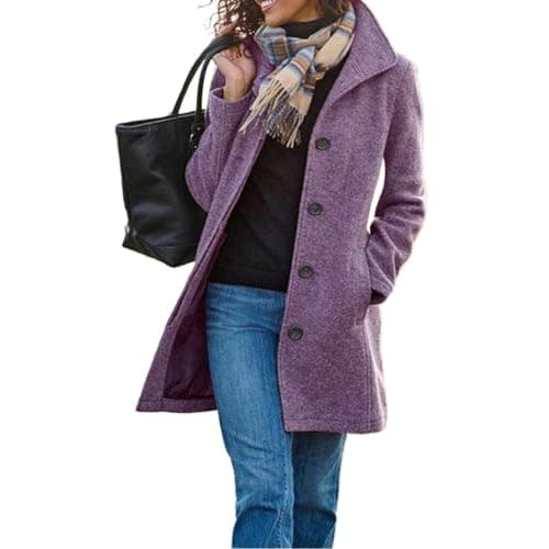 GVLDPOH Women's Winter Wool Blend Pea Coat with Stand Collar — Purple