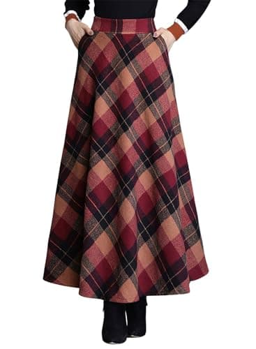 Leyoutx Women's Winter Warm Wool Plaid Maxi Skirts with Pockets — Red