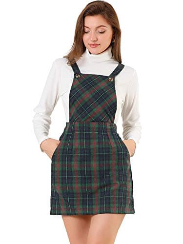 Allegra K Women's Plaid Overall Bib Dress with Adjustable Straps — Green