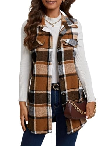IDEALSANXUN Women's Plaid Sleeveless Cardigan Shacket Vest Fall Fashion — Brown
