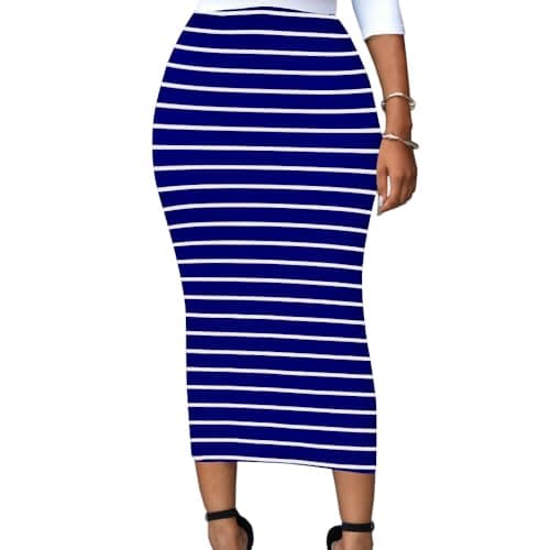 Lrady Women's High Waist Slim Maxi Pencil Skirts for Night Out Party — Striped (Blue and White)