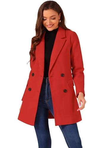 Allegra K Women's Belted Mid-Length Double Breasted Winter Coat — Red