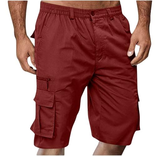 2024 Summer Mens Elastic Waist Cargo Shorts with Pockets — 01# Red