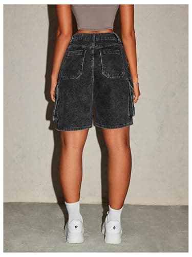 MakeMeChic Women's Low Waist Denim Cargo Bermuda Shorts