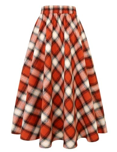 IDEALSANXUN Women's Plaid Elastic Waist A-Line Midi Skirt — Orange