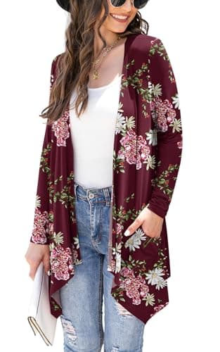 Veryoung Women's Lightweight Floral Long Sleeve Cardigan with Pockets — B01-floral_wine_red