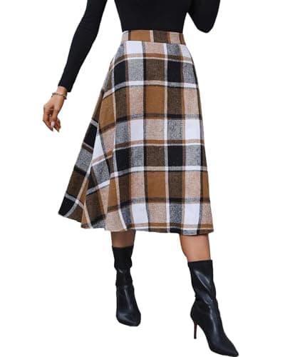 Pemieer High-Waist Wool A-Line Tartan Midi Skirts — 0-brown