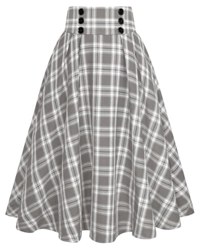 Belle Poque High Waisted Pleated Midi Plaid Skirt with Pockets — Grey