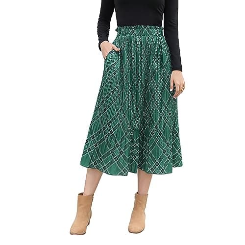 EXLURA Women's High Waist Pleated Polka Dot Maxi Midi Skirt with Pockets — Green Plaid