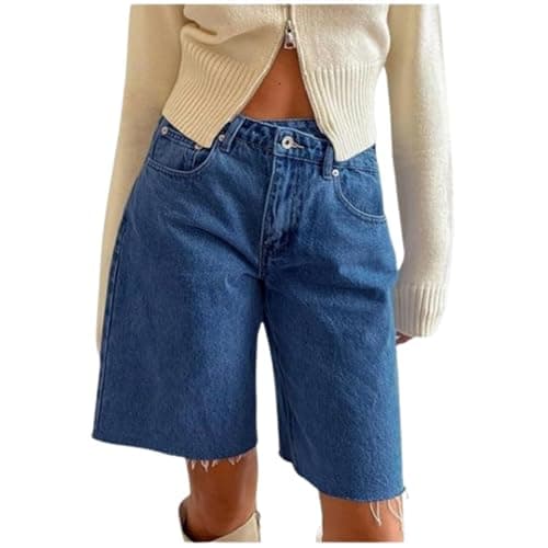 Giraropa Women's Vintage Baggy Denim Bermuda Shorts with Pockets — Dark Blue