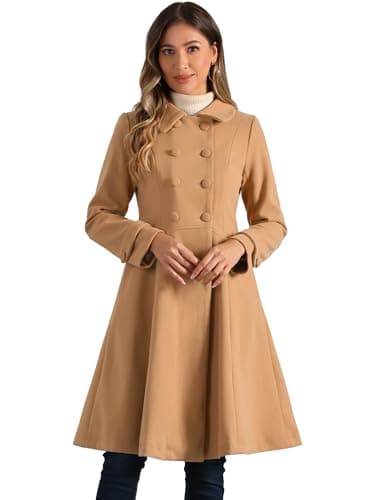 Allegra K Women's Winter Line Trench Coat Lapel Swing Double Breasted — Khaki