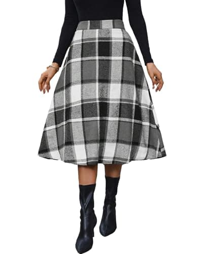 Pemieer High Waist Wool A-Line Tartan Midi Skirts